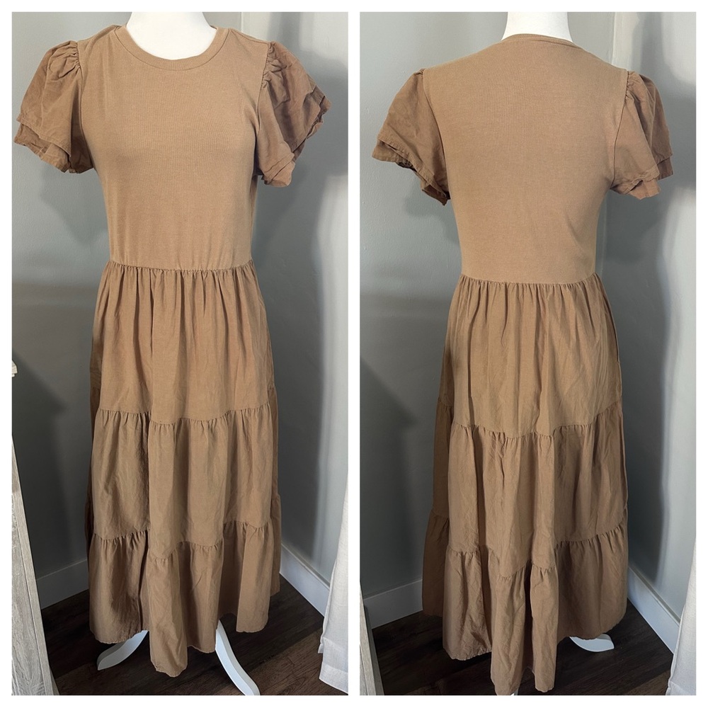 BTFBM Women’s Tiered Maxi Dress, Flutter Sleeves, Earth Tone Neutral, Medium
